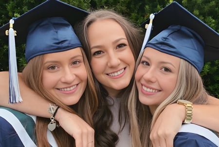 Tres graduadas de la Riverside Secondary School están sonriendo en sus togas de graduación frente a un fondo de árboles.