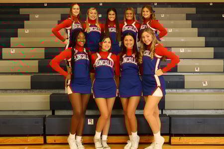 Estudiantes de la Roncalli Catholic High School están en uniformes de cheerleading rojos y azules en un escenario frente a un fondo oscuro.