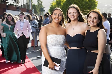 Tres alumnas de la Rose Bay High School posan en la alfombra roja frente a una multitud.