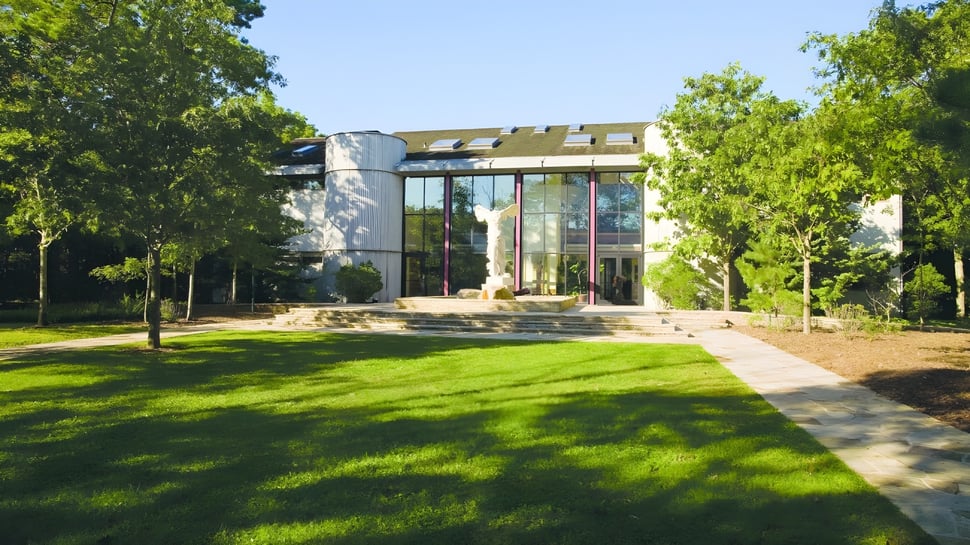 El moderno edificio de la Ross School está rodeado de árboles verdes y un césped bien cuidado.