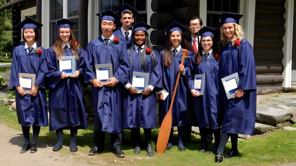 Un grupo de graduados en togas azules sostiene sus diplomas frente a un edificio de madera en el campus del Rosseau Lake College.