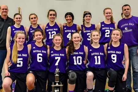 El equipo de baloncesto de la Royal Bay Secondary School está juntos en una sala con un trofeo en primer plano.