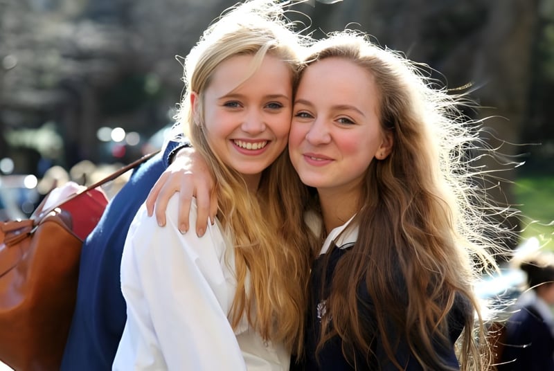 Dos alumnas de la Royal High School se abrazan riendo al aire libre frente a árboles y edificios.