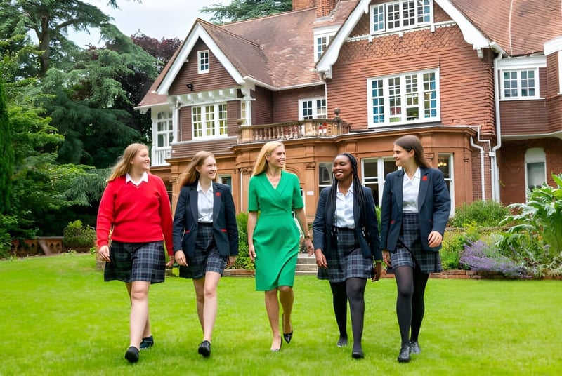 Cuatro jóvenes mujeres están frente al histórico edificio de ladrillo en el terreno de la Rye St. Antony School.