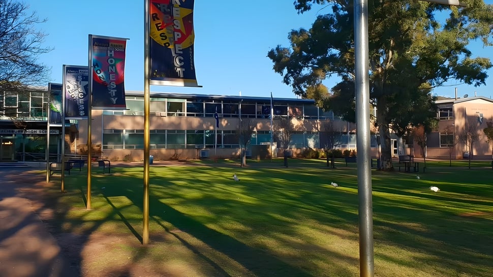El edificio de varios pisos de la Salisbury High School está rodeado de un césped con árboles.