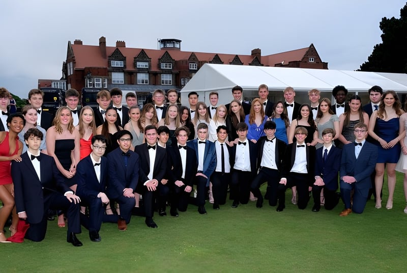 Un gran grupo de estudiantes de Scarborough College está de pie en un campo frente a un edificio histórico con techos de ladrillo rojo.