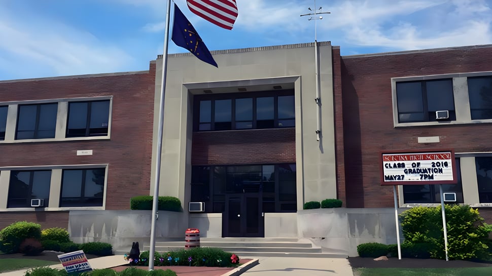 El edificio de ladrillo con la bandera americana y la estatal muestra la entrada de la Scecina Memorial High School con jardín y horarios de apertura.