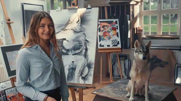Una estudiante de la Sedbergh School sonríe en un estudio de arte frente a una gran pintura de un lobo y un perro sentado.