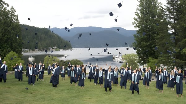 Un gran grupo de graduados de la Seycove Secondary School está de pie en un campo con montañas y un lago al fondo.