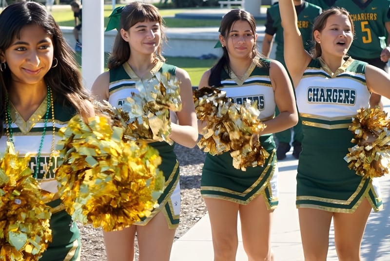 Un grupo de animadoras de la Shorecrest Preparatory School realiza una actuación en el campo deportivo con un estadio de fondo.
