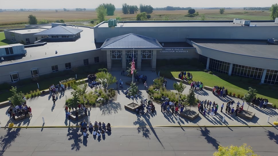 El moderno edificio escolar de Sioux Falls Christian School con alumnas y alumnos en el gran patio verde.