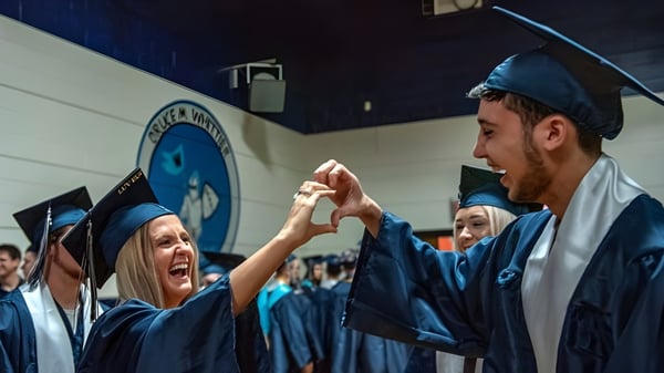 Los graduados de la Sir Robert Borden High School celebran juntos en batas y birretes de graduación azules.