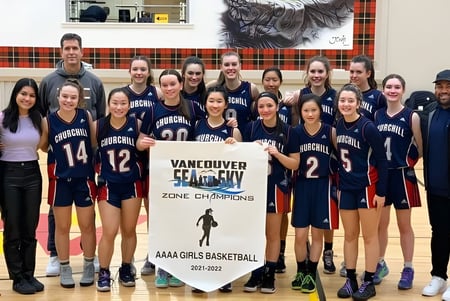 Estudiantes de la Sir Winston Churchill Secondary School sostienen juntas un banner de campeonato en un gimnasio.