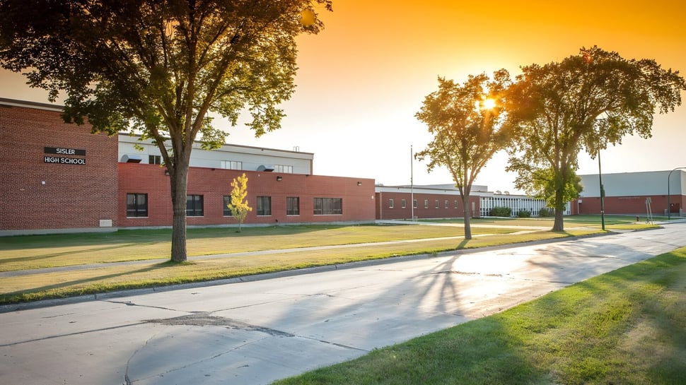 El edificio de ladrillo de la Sisler High School está rodeado de árboles y un prado verde al atardecer.