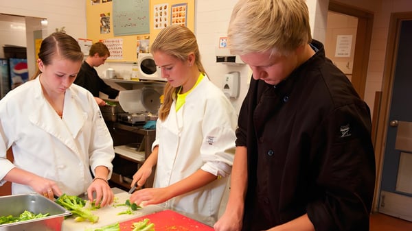Tres personas trabajan juntas en una cocina en el campus de la South Delta Secondary School.