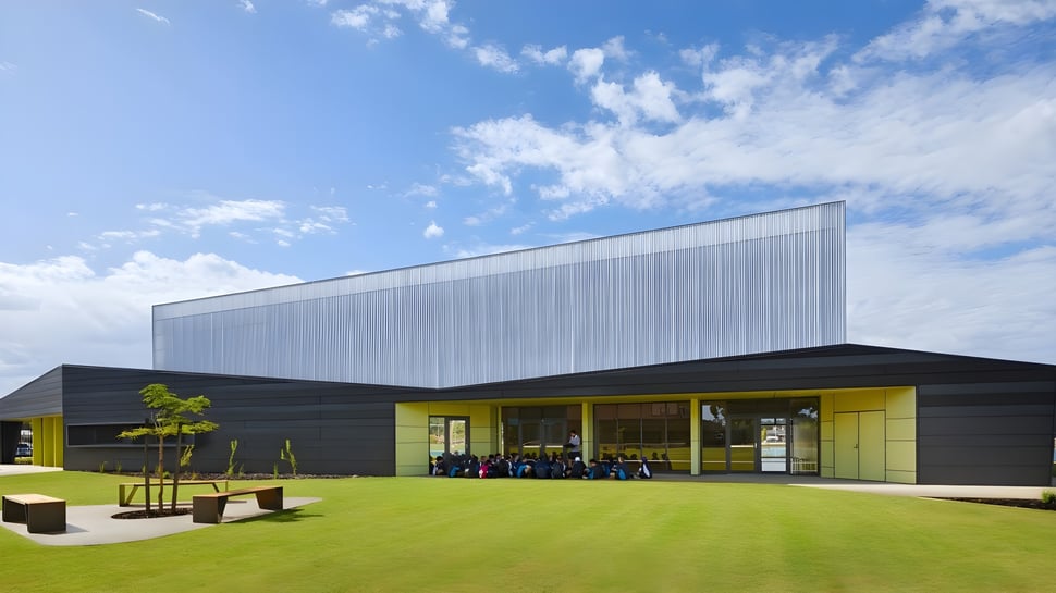 El moderno edificio con fachada plateada en el campus del Southern River College se encuentra bajo un cielo azul con nubes blancas.