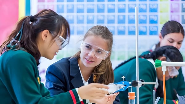 Los estudiantes de St. Francis' College trabajan juntos en un proyecto de ciencias en el aula.