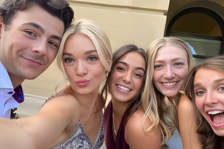 Un grupo de estudiantes de la St. Francis Xavier High School se toma una selfie frente a una puerta decorada con expresiones faciales divertidas.