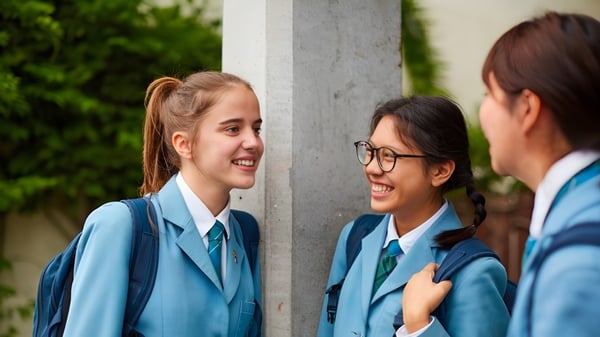 Tres estudiantes de St. Hilda's Collegiate School conversan en el patio escolar frente a una columna de piedra y vegetación verde.