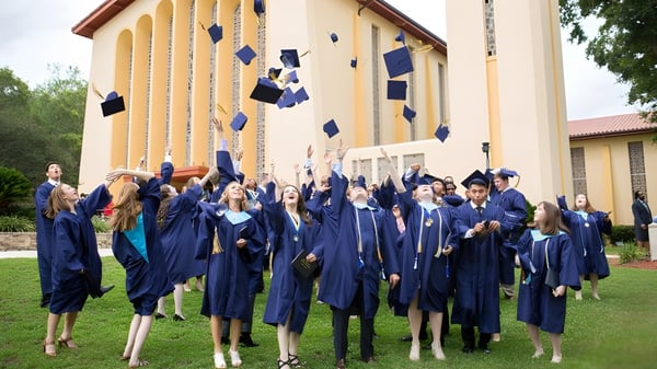 Los graduados de la St. John Paul II Catholic High School lanzan sus birretes azules al aire frente a un edificio amarillo.