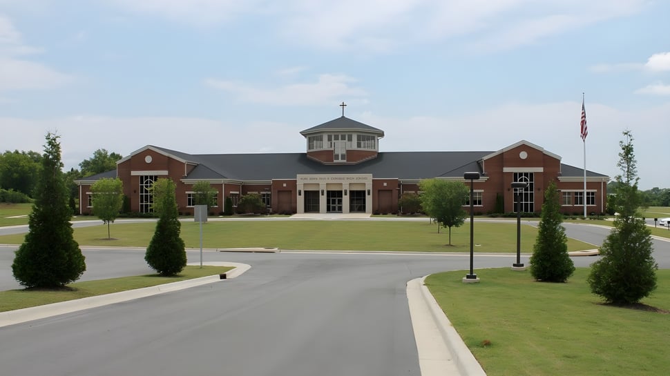 El edificio principal de la St. John Paul II Catholic High School con una torre central y una entrada bien cuidada.