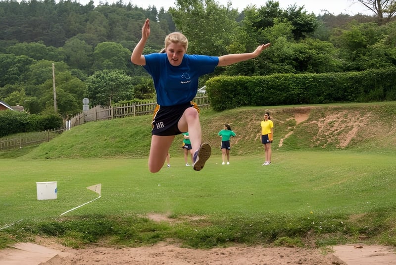 Una persona con camisa azul salta alto en un campo frente a un bosque en el terreno de la St. John’s School Sidmouth.