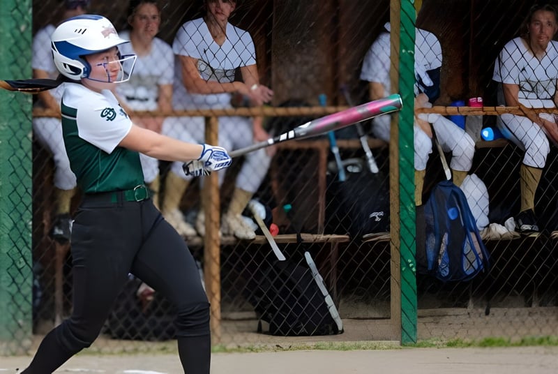 Un jugador de béisbol de la St. Johnsbury Academy batea en el plato durante un juego con espectadores en las gradas.