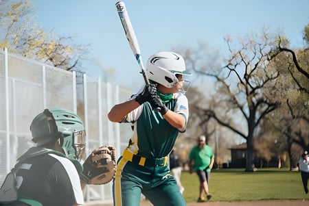 Una estudiante en uniforme de béisbol está en el campo de la St. Joseph Catholic High School.