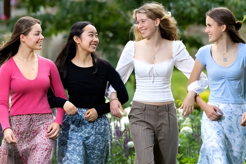 Cuatro alumnas de diferentes orígenes caminan juntas por un camino verde en el campus de St. Mary's Calne.