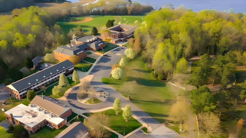 El edificio histórico de St. Mary's Ryken High School está rodeado de un paisaje otoñal con árboles coloridos y caminos serpenteantes.