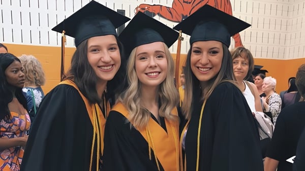 Tres estudiantes de la St. Matthew High School posan en la ceremonia de graduación con sus togas y birretes.