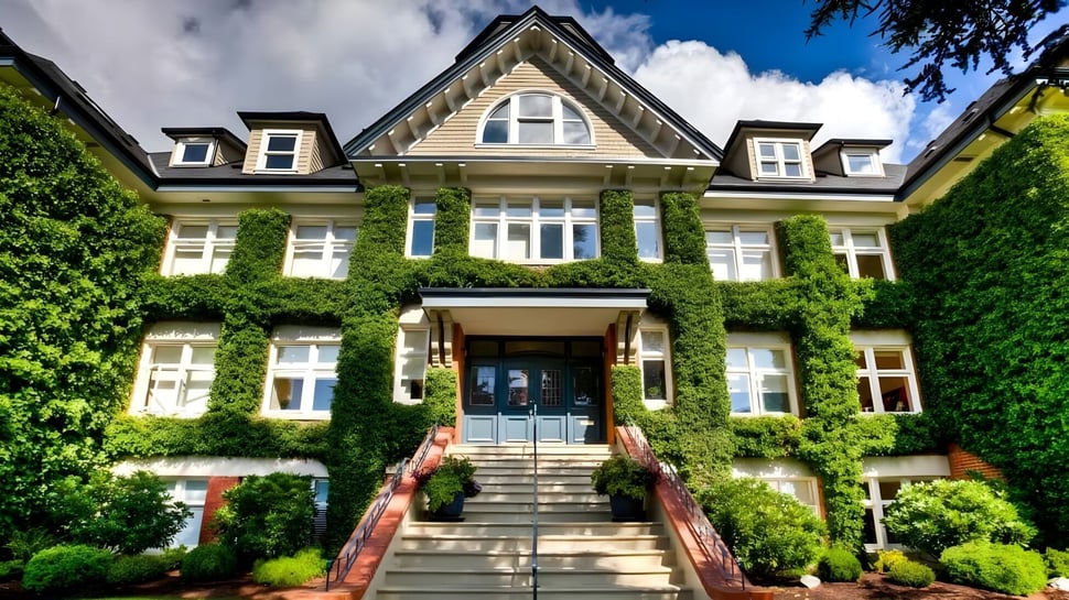 El edificio principal de la St. Michaels University School muestra una villa cubierta de hiedra con una gran entrada y escaleras rodeadas de vegetación verde.