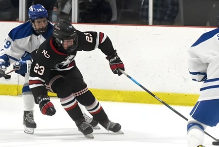 Dos jugadores de hockey de la St. Peter High School juegan sobre el hielo y son observados por los espectadores.