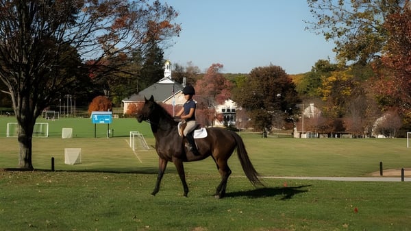 Una alumna de St. Timothy's School monta un pony en un campo cubierto de hierba frente a árboles otoñales.