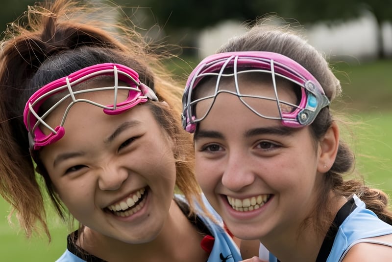 Dos alumnas de St. Timothy's School llevan cascos rosas y ríen al aire libre en un prado.