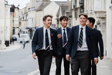 Cuatro estudiantes de Stamford High School caminan por una calle de la ciudad vestidos de manera formal.