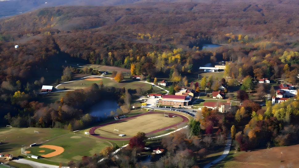 Paisaje rural otoñal con campo de béisbol y edificios en el terreno de la St. Andrew's-Sewanee School.