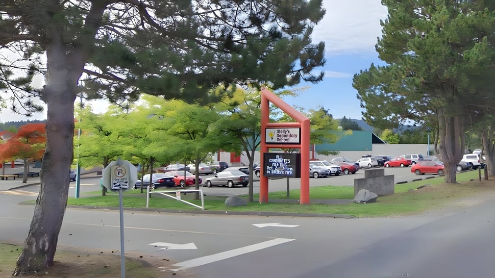 Pequeña calle de la ciudad con tiendas, árboles y coches aparcados bajo un cielo despejado, cerca de Stellys Secondary School.