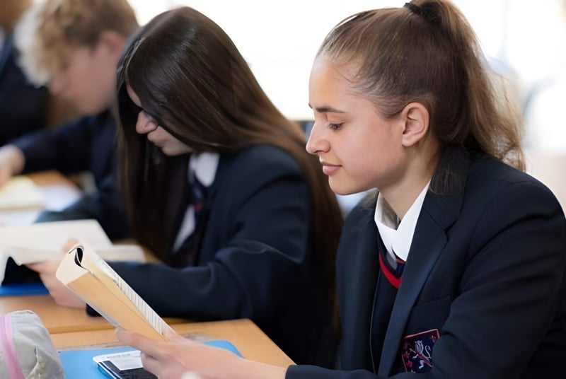 Estudiantes de Steyning Grammar School and Sixth Form están sentados en el aula en mesas y trabajando en sus tareas.
