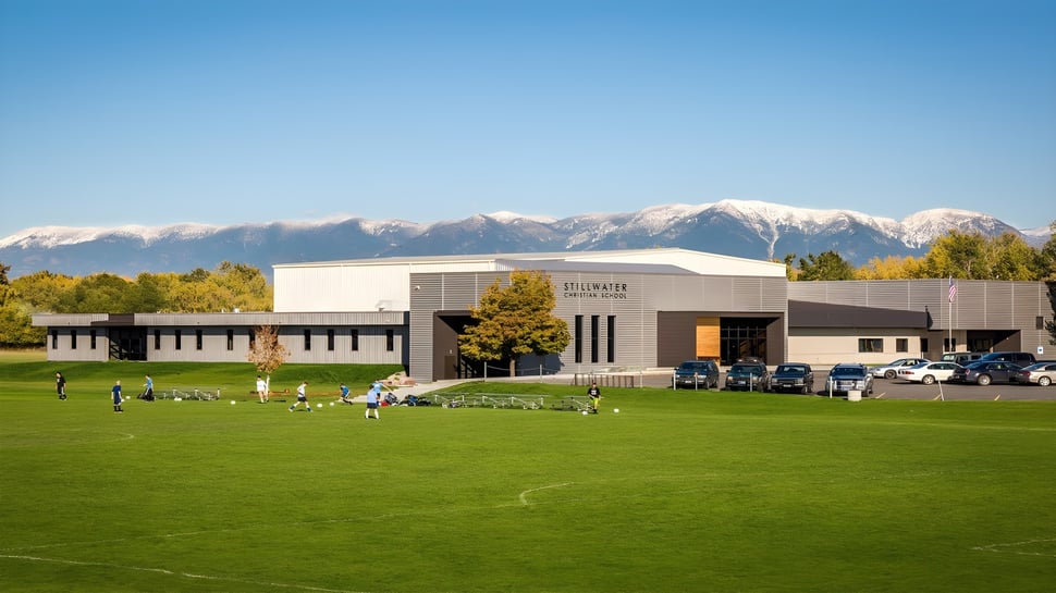 El moderno edificio de varios pisos de la Stillwater Christian School se encuentra frente a un gran estacionamiento y un campo con montañas cubiertas de nieve al fondo.