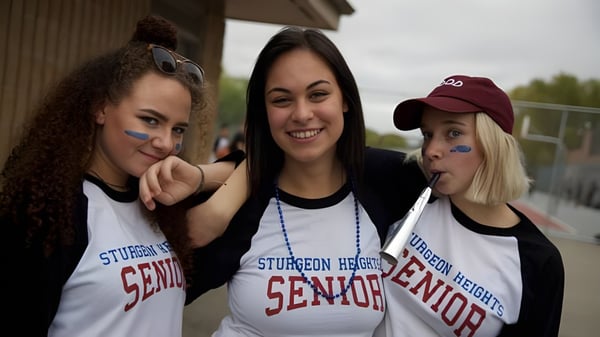 Tres estudiantes con camisetas del Collège Sturgeon Heights Collegiate sonríen y posan frente a un edificio.