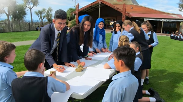 Un grupo de estudiantes del Taieri College trabaja juntos en una mesa al aire libre con una estructura de madera de fondo.