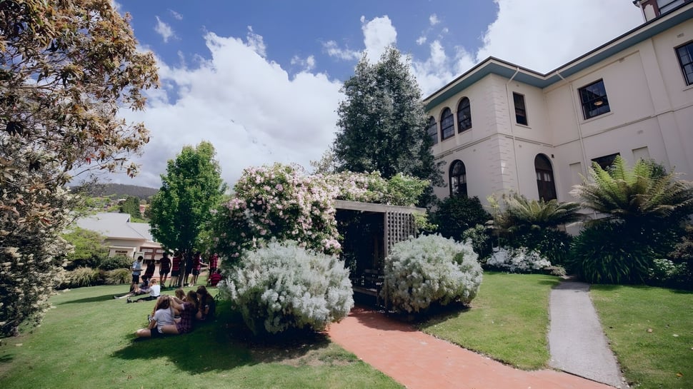 El edificio de varios pisos de The Friends’ School está rodeado de un jardín bien cuidado con varias plantas y árboles.