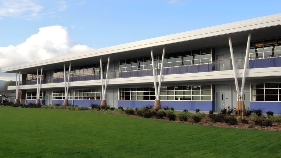 El moderno edificio de varios pisos de The High School con grandes ventanas y un césped en el frente.