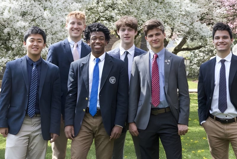 Un grupo de estudiantes de The Kiski School está reunido en un jardín con árboles en flor de fondo.