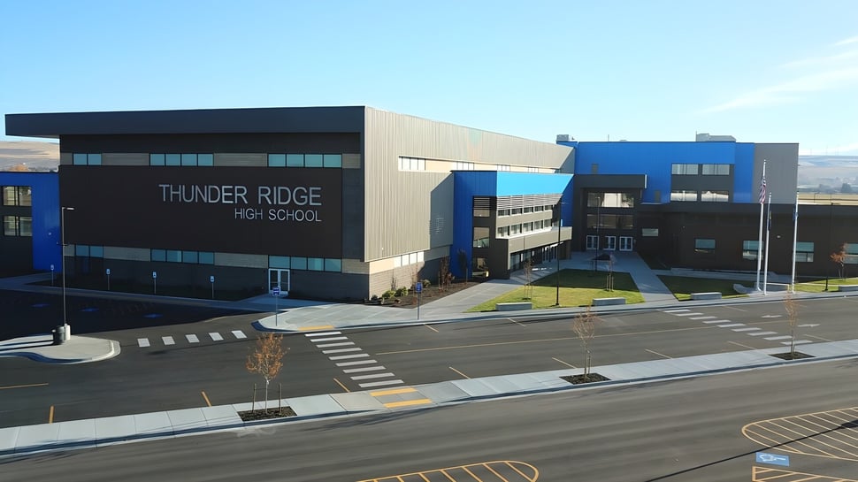 El moderno edificio de varios pisos de la Thunder Ridge High School se encuentra frente a un cielo azul claro con un área pavimentada y pasos de cebra.
