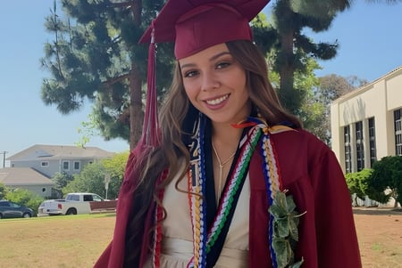 Una graduada en toga burdeos está frente a un edificio en el campus de la Torrance High School en un día soleado.