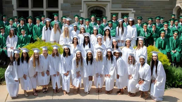 Un grupo de personas en túnicas blancas y verdes está frente a un edificio de piedra en el campus de la Tree of Life Christian School.