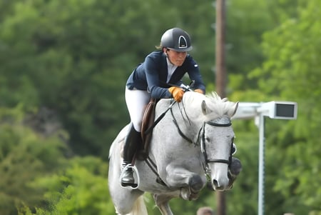 Una estudiante de Tudor Hall School monta un caballo blanco a través de un entorno verde.