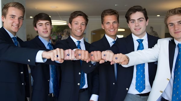 Un grupo de jóvenes en trajes del Upper Canada College muestra su conexión con los puños entrelazados.